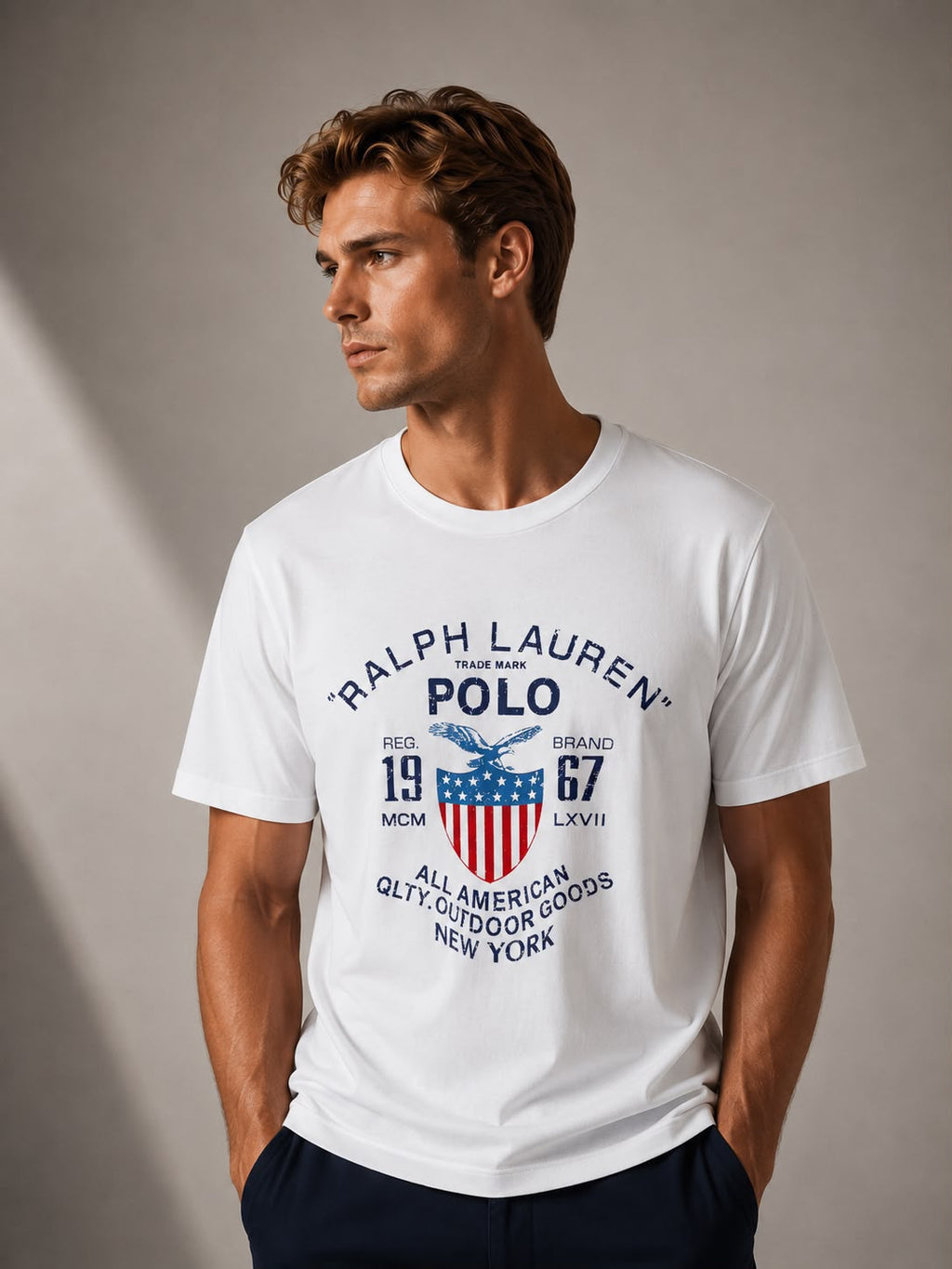 A man wearing a white short-sleeve t-shirt with a vintage-style Ralph Lauren Polo graphic on the front, paired with dark navy pants, set against a neutral gray studio background.