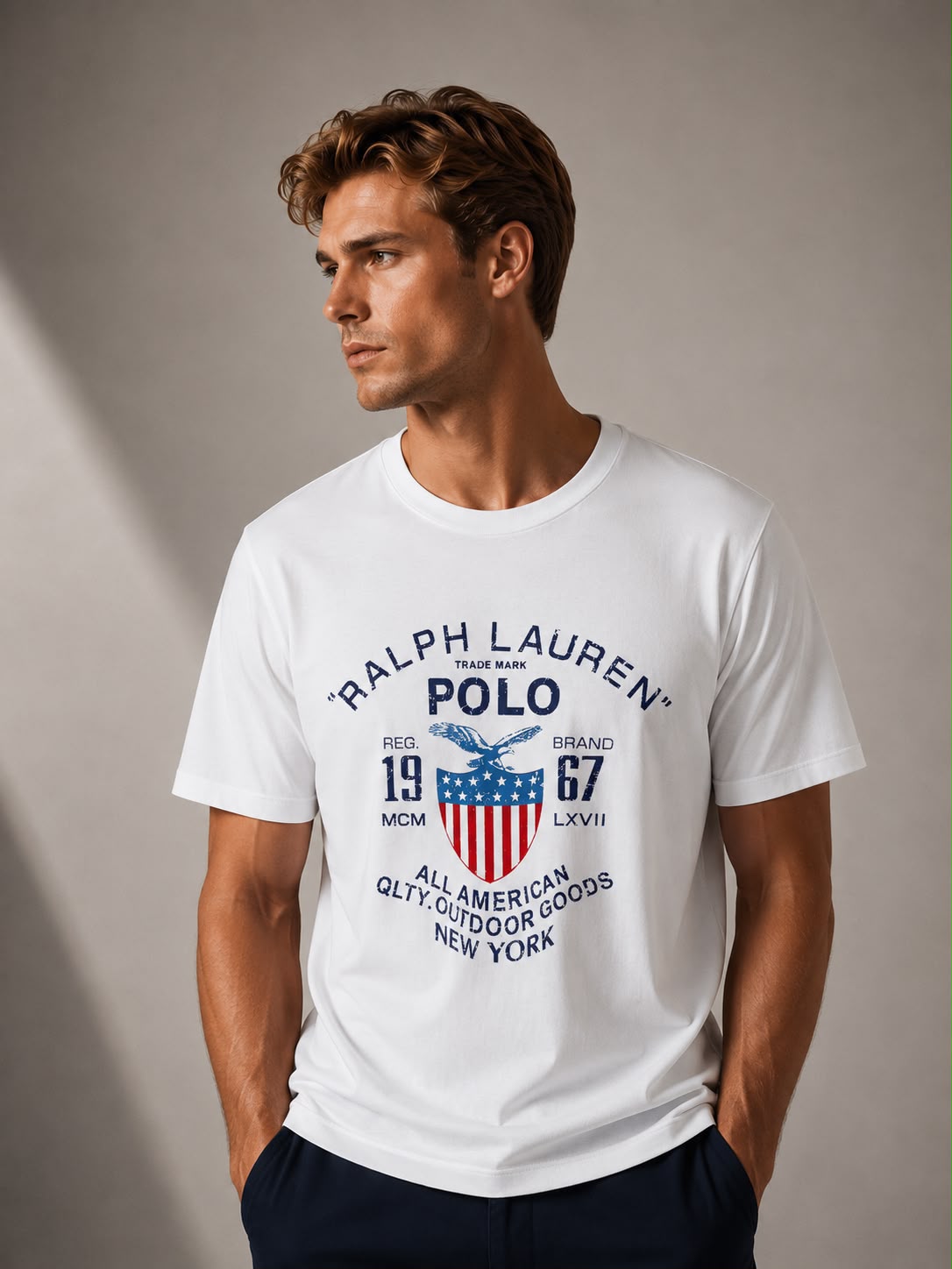 A man wearing a white short-sleeve t-shirt with a vintage-style Ralph Lauren Polo graphic on the front, paired with dark navy pants, set against a neutral gray studio background.