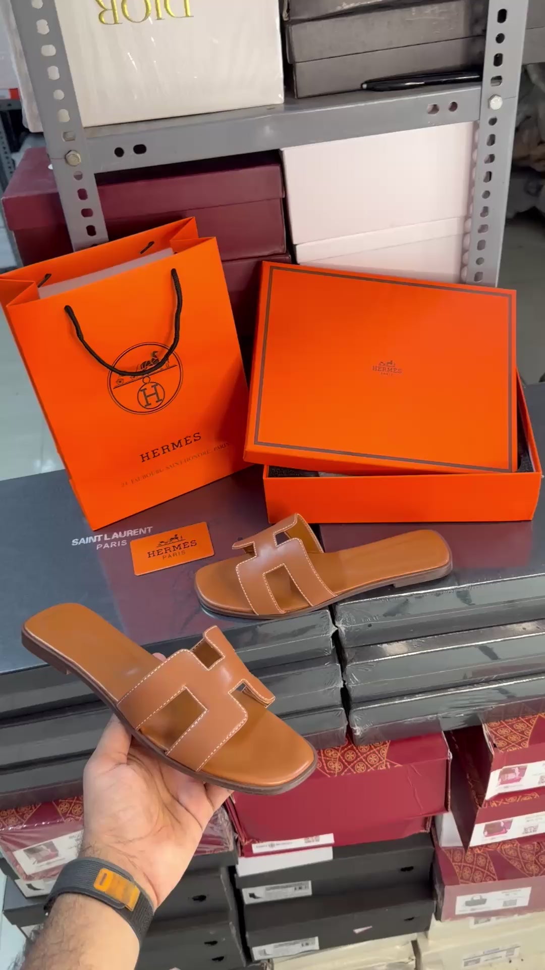 Hermes Paris Oran Brown Flats With OG Box & Carry Bag Slide Brown