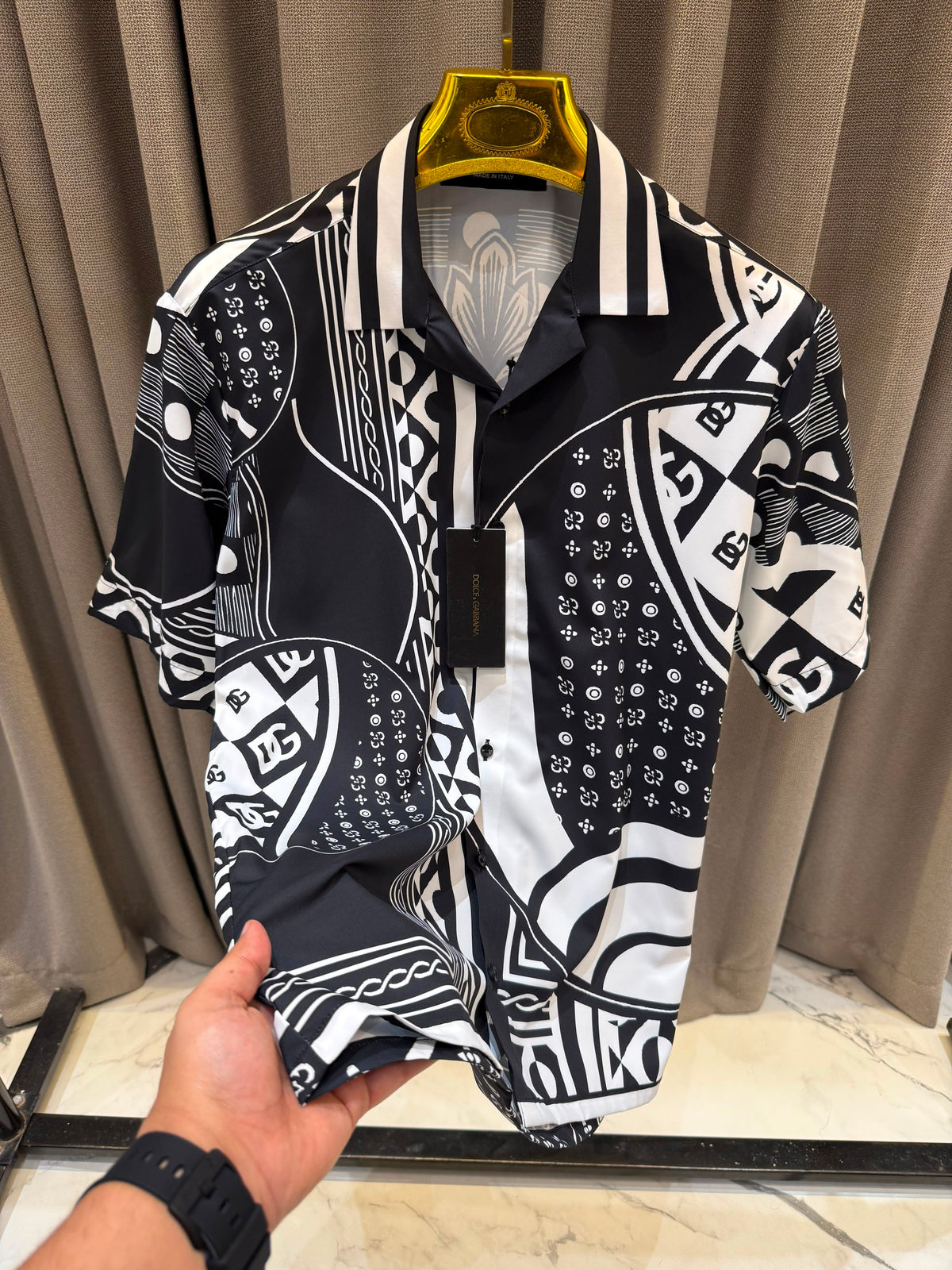 D&G Monogram Printed Half Shirt for Men – Premium Cotton Satin