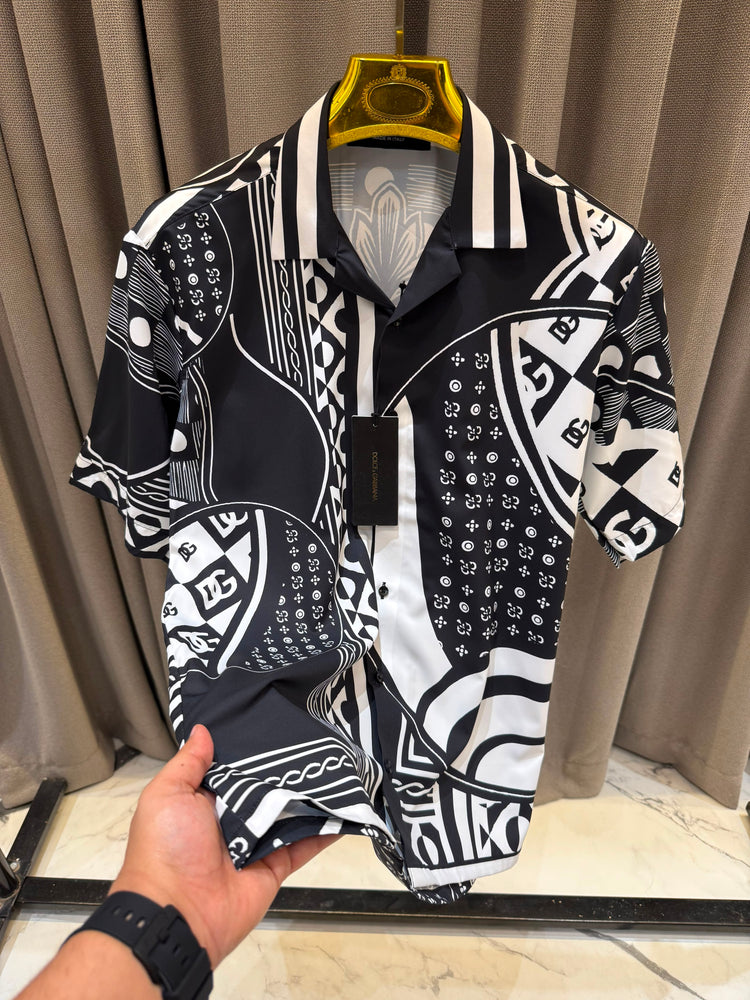 D&G Monogram Printed Half Shirt for Men – Premium Cotton Satin