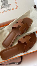 Hermes Paris Oran Brown Flats With OG Box & Carry Bag Slide Brown