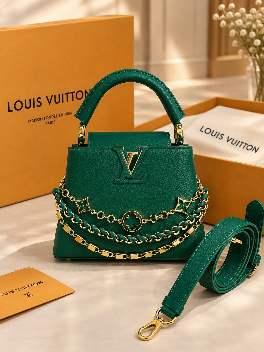 Louis Vuitton Capucines Mini Small Gold Green Charm Chain – Premium Store Article. Product Code: 98177-6