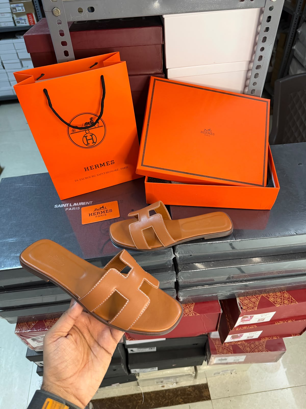 Hermes Paris Oran Brown Flats With OG Box & Carry Bag Slide Brown
