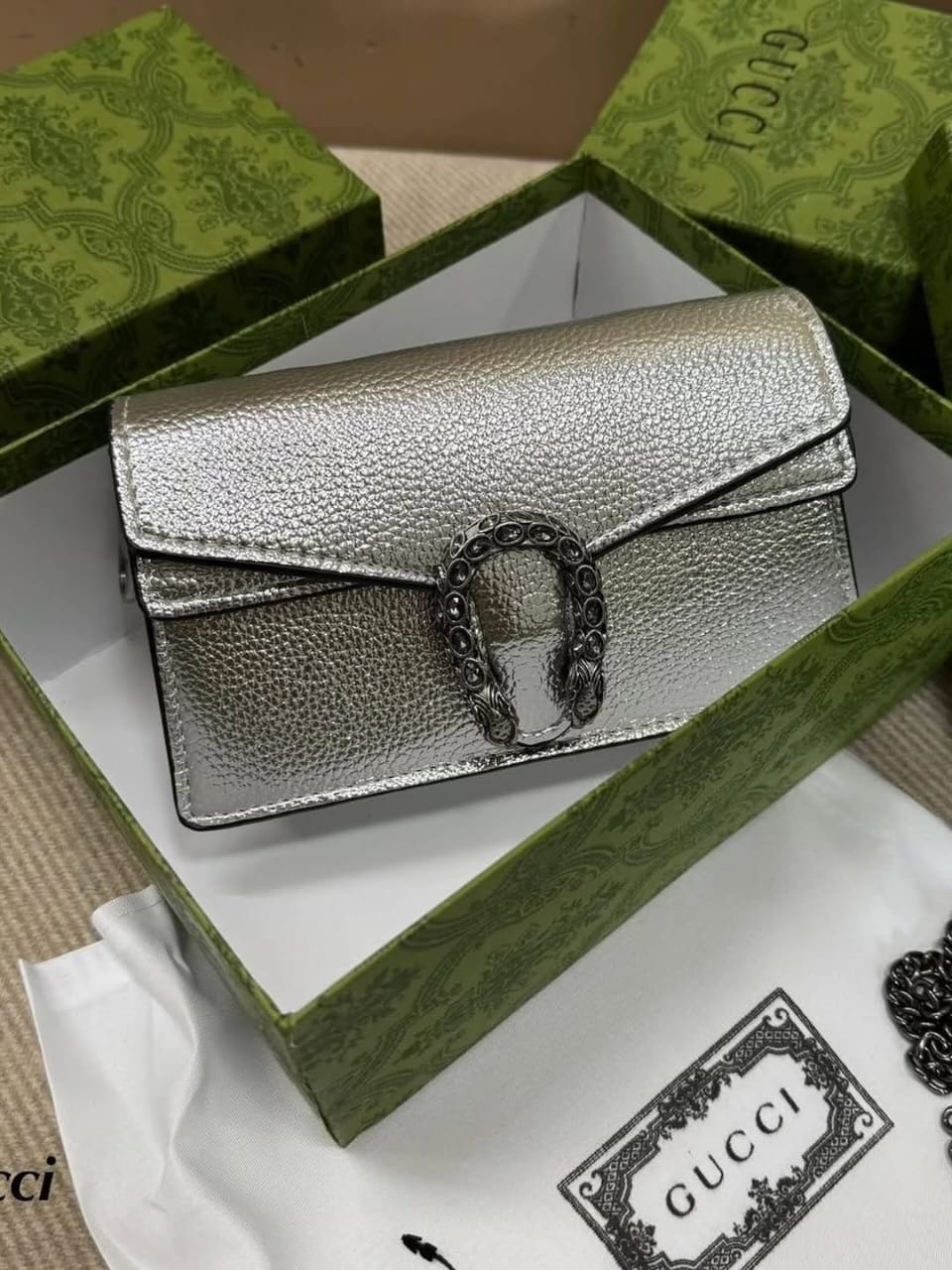 Gucc i Dionysus Mini Bag In Silver Leather With OG Box Dust Cover & Carry Bag Silver 476430