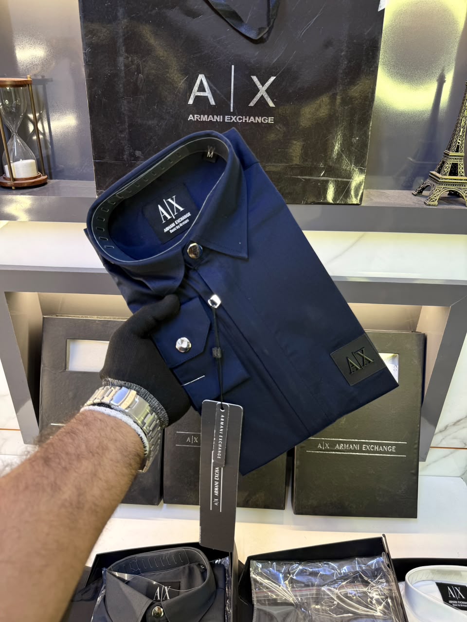 Armani Exchange Premium Zipper Shirt for Men – Standard Fit with Box & Carry Bag