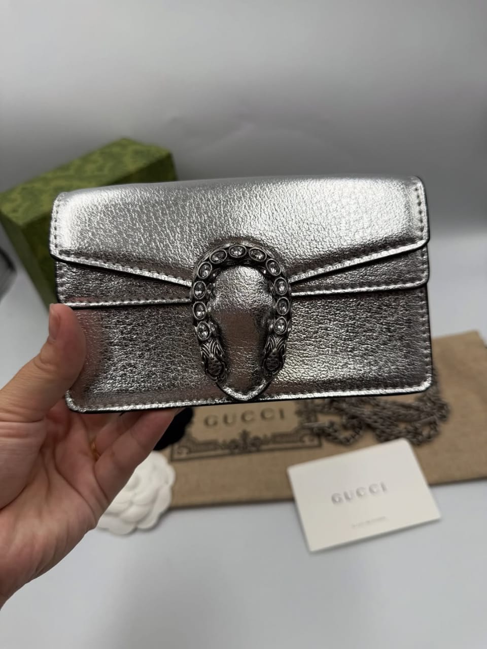 Gucc i Dionysus Mini Bag In Silver Leather With OG Box Dust Cover & Carry Bag Silver 476430