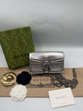 Gucc i Dionysus Mini Bag In Silver Leather With OG Box Dust Cover & Carry Bag Silver 476430