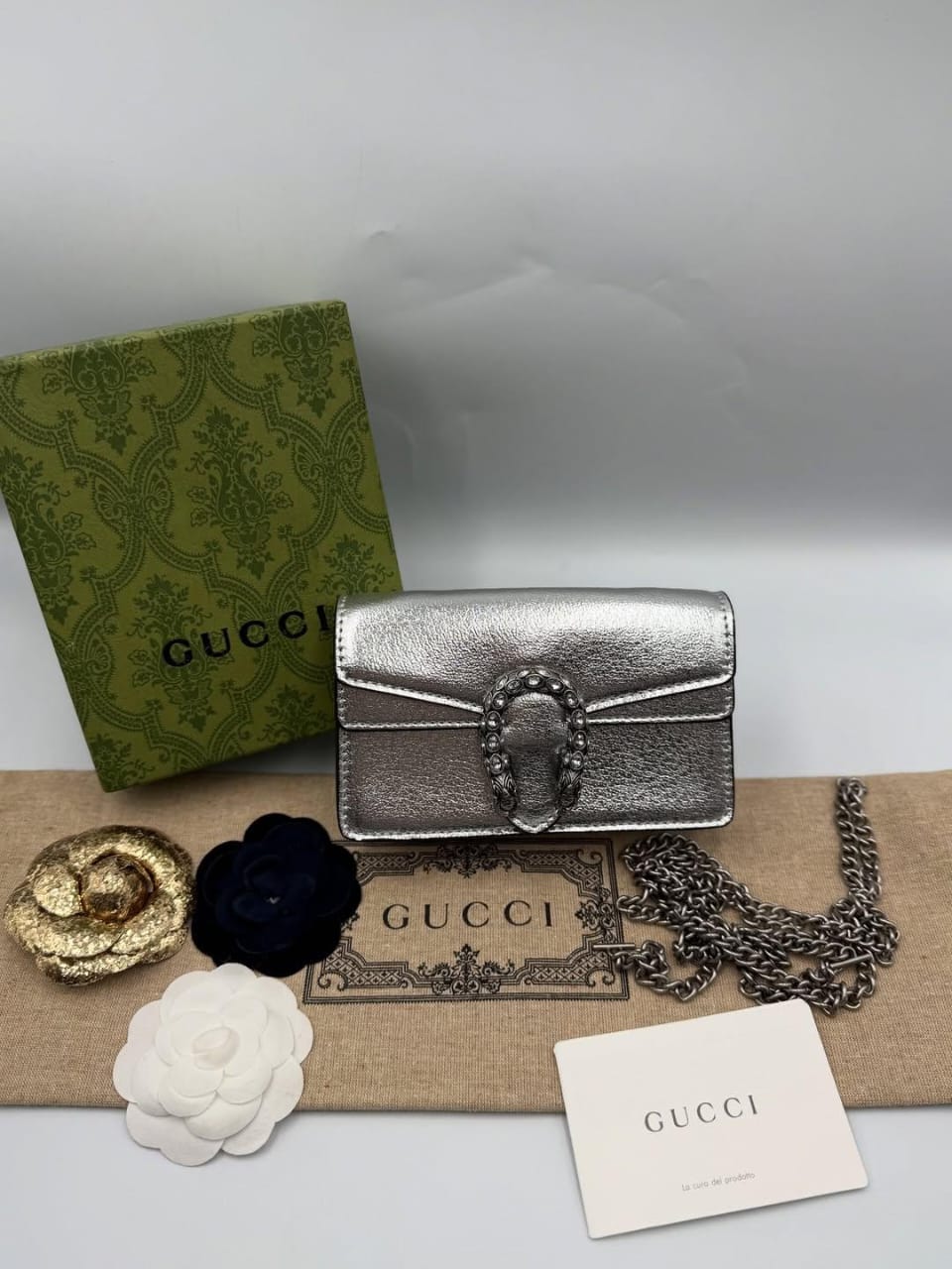 Gucc i Dionysus Mini Bag In Silver Leather With OG Box Dust Cover & Carry Bag Silver 476430